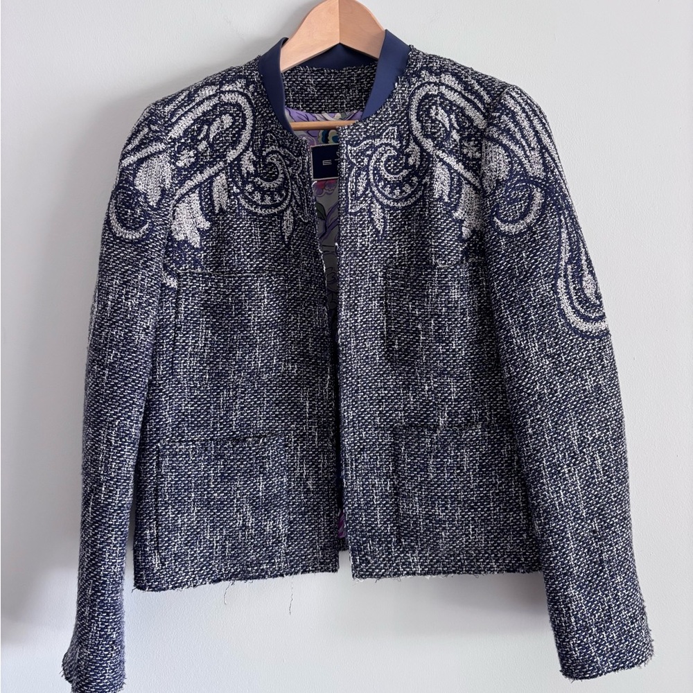 ETRO navy blue paisley tweed open front jacket, raw edges, size 40(6/8).